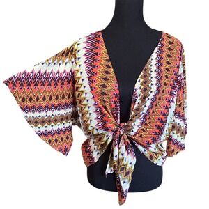 Elan Tribal Orange Aztec Print Tie Front Bell Sleeve Top, One Size, Boho-Western